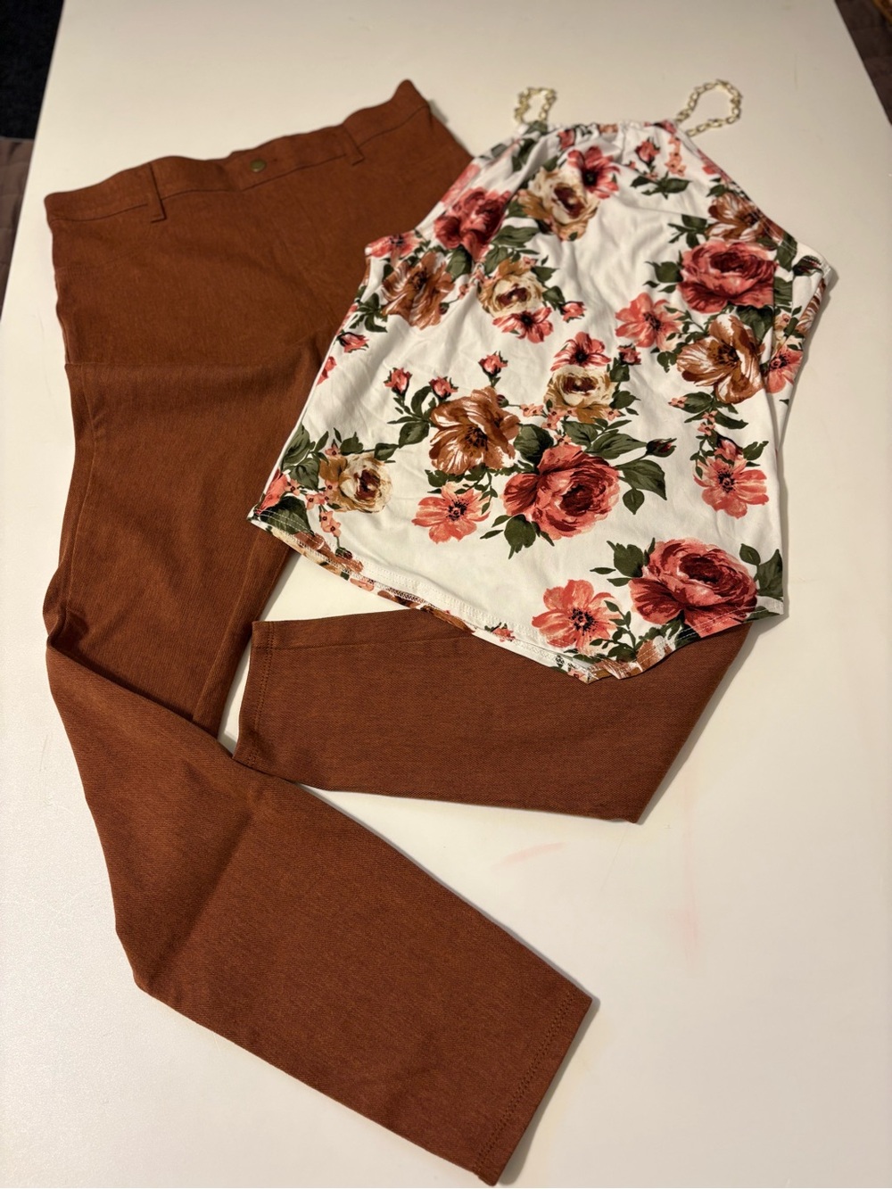 Women’s High-Rise Straight Leg Pants and Sleeveless Top in fall colors